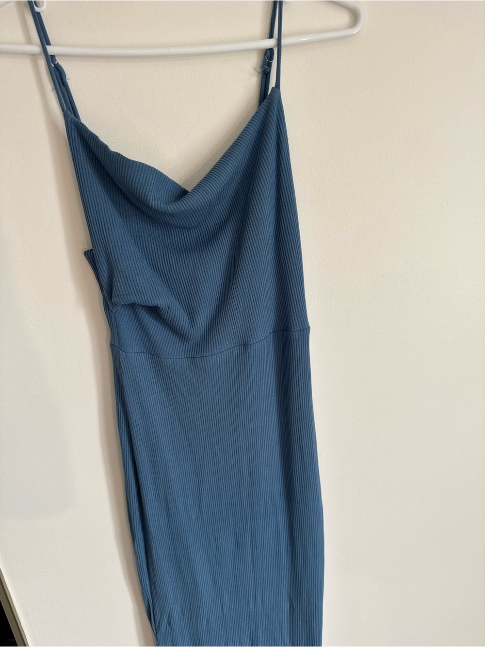 Hello Molly Slate Blue Ribbed Midi Slip Dress with Cowl Neck